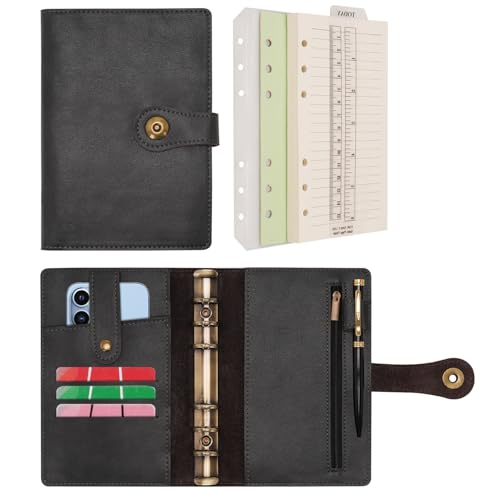Wonderpool A6 Binder Journal Leather Spiral Notebook Refillable College Ruled Paper, Budget Binder Rings Diary Organizer with Pen for Office School Travel Business Planning Writing (Black,A6) - color: Black, size: A6