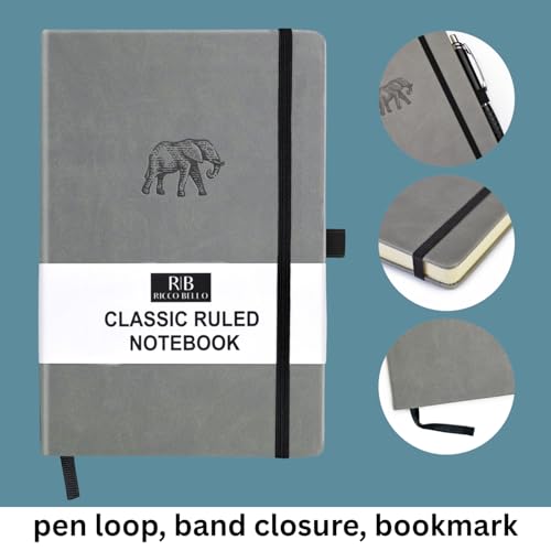 RICCO BELLO Lined Journal Notebook, Faux Leather Hardcover, Elephant | With Pen Holder, College Ruled, 96 Sheets / 192 Pages, 5.7 x 8.4 Inches, For Work & Notes - color: Grey Elephant