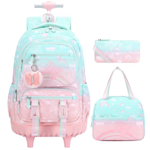 Scothen Rolling Backpack for Girls, 3PCS Roller School Backpacks for Girls with Lunch Bag and Pencil Pouch, Kids Bookbag Schoolbag with Wheels for Teen Girl Kindergarten Elementary Middle School - color: Green Pink