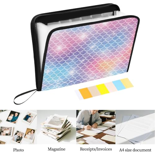 WEBEEDY 13 Pockets Expanding File Folder with Labels and Zipper, Portable Accordion File Organizer Paperwork Folder for Documents A4 Paper Receipt Travel Office, Back to School (Mermaid Scales)