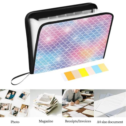 WEBEEDY 13 Pockets Expanding File Folder with Labels and Zipper, Portable Accordion File Organizer Paperwork Folder for Documents A4 Paper Receipt Travel Office, Back to School (Mermaid Scales)