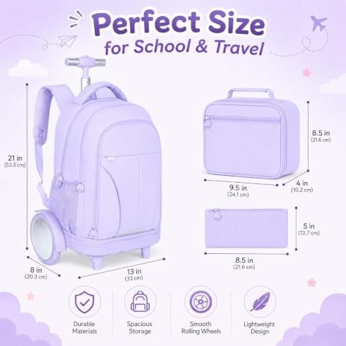 gxtvo Large Wheels & Quiet Glide | Rolling School Backpack for Women & Girls - Water-Resistant Wheeled Bag with Lunch Box for Office, Travel & College - Purple - color: Rolling Backpack Reflective Purple