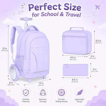 gxtvo Large Wheels & Quiet Glide | Rolling School Backpack for Women & Girls - Water-Resistant Wheeled Bag with Lunch Box for Office, Travel & College - Purple - color: Rolling Backpack Reflective Purple