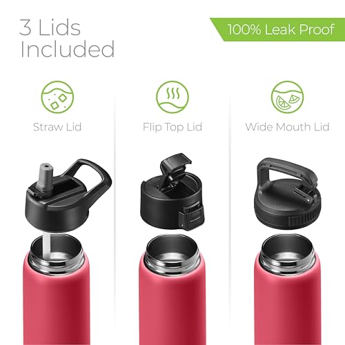 SipX™ 25 oz Insulated Water Bottle with 3 Lids – Leakproof Stainless Steel, Triple Insulated – Cold 24 Hours/Hot 12 Hours – Durable Bottle for School, Gym, Travel – Red - color: Red, size: 25 Ounces