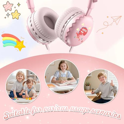 Kids Dinosaur Wired Headphones with Noise Cancelling Pink | Safe 85/94dB Volume Limit, HD Microphone for School, Soft Ear Cups, Pink Headphones for Toddlers & Teens - color: Dinosaur Pink