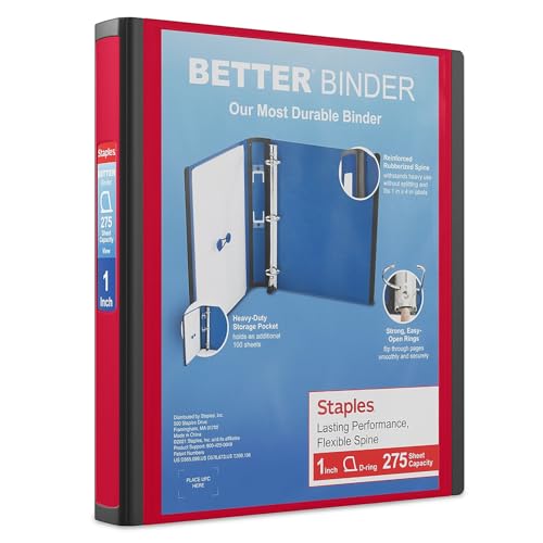 Staples Heavy-Duty 1-Inch D-Ring Binder, Red – 3-Ring Binder with Removable Spine Label, Durable Polypropylene for School & Office - color: Red, size: 1-Inch, style: 1 Pack