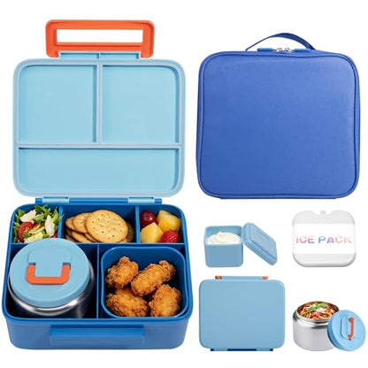 Bento Lunch Box for Kids with 8oz Soup Thermo Leak-Proof Lunch Food Containers with Snack Sauce Container for Kid Girls Boys to School,Blue Bag - color: Blue Bag