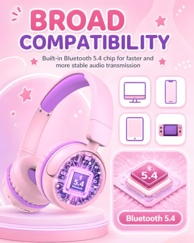 Kids Bluetooth Headphones, 80H Playtime Lightweight Wireless Headphones for Kids, 85/94dB Safe Volume Limit, Bluetooth 5.4, Built-in Mic kids headphones for School, Travel, iPad, Tablet (Pinkpurple) - color: Pinkpurple