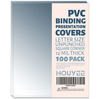 HOUYEE 100 Pack Clear Binding Presentation Covers, PVC Report Covers,12 Mil,8-1/2 x 11 Inches, Letter Size - size: 12 Mil, 100P