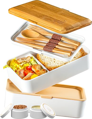 Umami Bento Box Adult, Leakproof, All-in-1 Lunch Containers for Adults | 40 oz, microwave & dishwasher safe, 4 utensils & sauce jar included, stackable, BPA-free, White & Tan - color: White & Tan, size: M - 40 oz