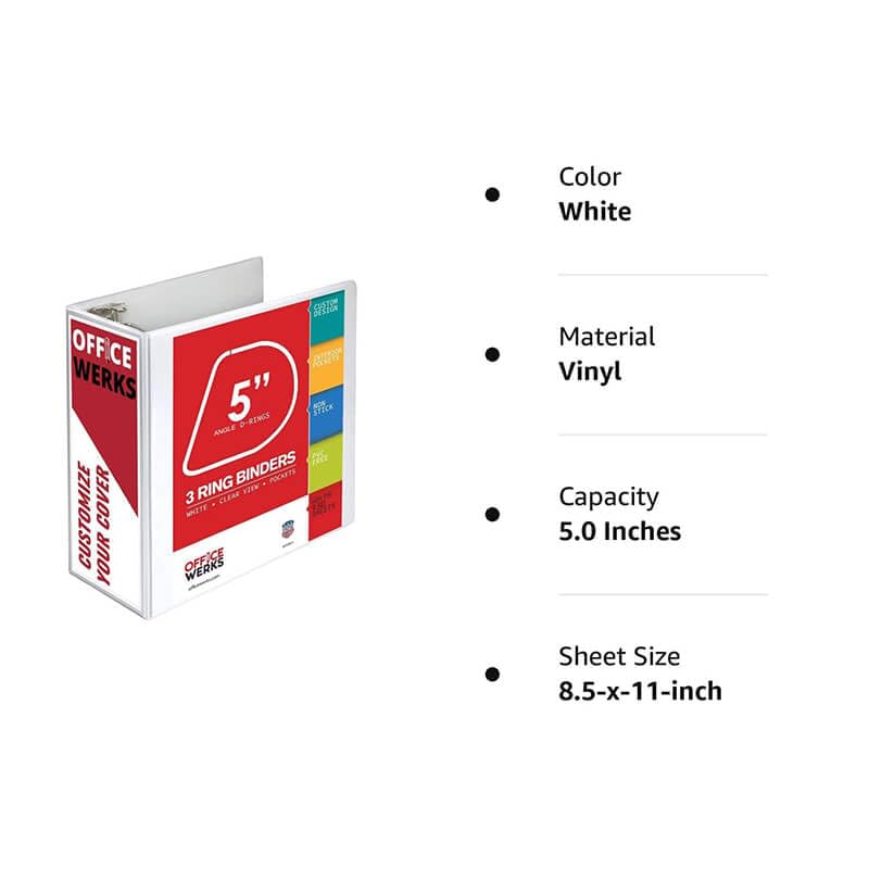 5 Inch 3 Ring Binder 2 Pack, Heavy Duty Locking D-Ring, Holds 950+ Sheets, PVC-Free, Assembled in USA, 8.5 x 11, Clear View Cover with Pockets, Customizable, Professional, White - Ring Binder Depot | Locking Rings, PVC-Free, Assembled in USA, 8.5 x 11, Cl