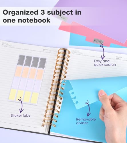 JASLEKO 3 Subject Notebook College Ruled with Dividers Tabs, 100 GSM Leather Hardcover Spiral Notebooks for School Work, 240 Pages Large Cute Notebook Journal for Women Men, College Students,Black - color: Black