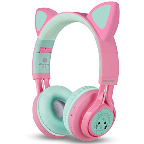 Riwbox CT-7 Cat Ear Kids Bluetooth Headphones, LED Light Up Bluetooth Wireless Over Ear Headphones with Microphone and Volume Control for Travel/School/Smartphones/Laptop/PC/TV (Pink&Green) - color: Pink&Green