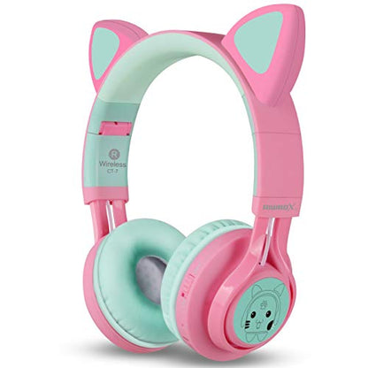 Riwbox CT-7 Cat Ear Kids Bluetooth Headphones, LED Light Up Bluetooth Wireless Over Ear Headphones with Microphone and Volume Control for Travel/School/Smartphones/Laptop/PC/TV (Pink&Green) - color: Pink&Green