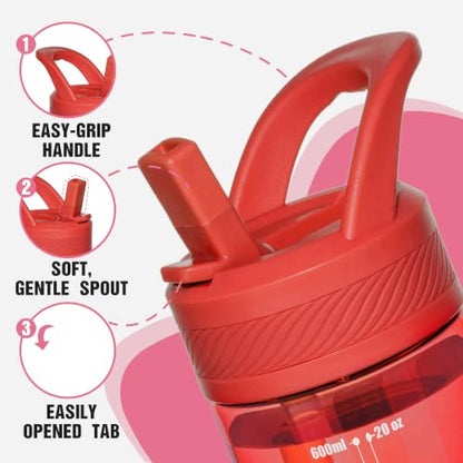 OLDLEY 20oz Kids Water Bottle with Straw, BPA-Free Tritan Water Bottle for School, Leakproof Clear Water Bottle with One Click Open, Measurement Scale, Cup Holder Friendly for Boys Girls,Pure Red - color: Pure Red