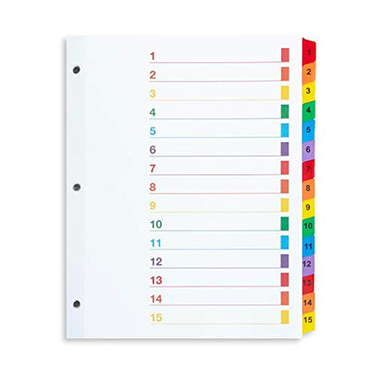 Blue Summit Supplies 15 Tab Binder Dividers for 3 Ring Binder or Notebook, Subject Dividers with Multicolor Numbered Tabs, Includes Customizable Table of Contents Index, 3 Sets