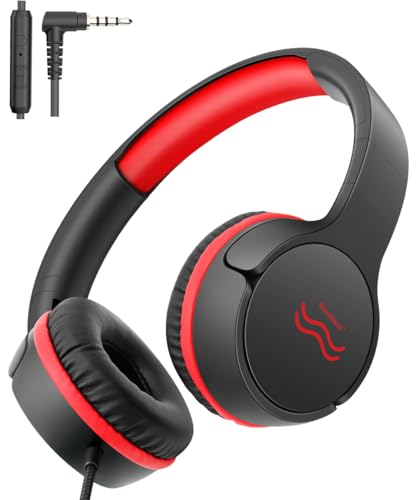 Wired Kids Headphones with Mic, Foldable, Volume Control Safe Listening(85/94dB), 3.5mm Jack on-Ear Headset for Chilren/Teens/School/Travel/Plane/Ipad/Tablet/Laptop,Black-Red - color: Black-Red
