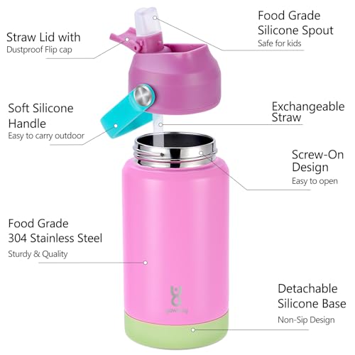 Kids Insulated Water Bottle with Straw Lid & Silicone Handle,12oz Kids Leak Proof Water Bottle for School Boys Girls,Double Wall Vacuum Stainless Steel with Non-slip Silicone Base(Pink) - color: Pink, size: 12 Ounces