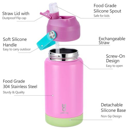 Kids Insulated Water Bottle with Straw Lid & Silicone Handle,12oz Kids Leak Proof Water Bottle for School Boys Girls,Double Wall Vacuum Stainless Steel with Non-slip Silicone Base(Pink) - color: Pink, size: 12 Ounces