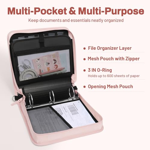 SUNEE Zipper Binder 3 Ring, 3 Inch O-Ring with Handle and Shoulder Strap, 600-Sheet Capacity, Multi-Pockets for Middle School Organizer Binder with Zipper, Pink Lotus - color: Pink Lotus