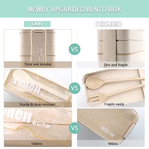 Bento Box Japanese Lunch Box Kit Leakproof Bento Lunch Box for Kids Adults Wheat Straw 3 Layer Stackable Lunch Containers with Compartment Eco-Friendly Meal Prep Containers (Beige) - color: Beige, size: 5Pcs
