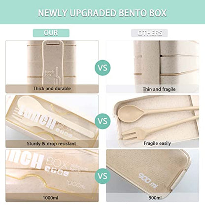 Bento Box Japanese Lunch Box Kit Leakproof Bento Lunch Box for Kids Adults Wheat Straw 3 Layer Stackable Lunch Containers with Compartment Eco-Friendly Meal Prep Containers (Beige) - color: Beige, size: 5Pcs