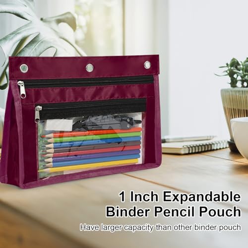 YoeeJob 2 Pack 1 Inch Expandable Zipper Pencil Pouches with Clear Window for 3 Ring Binder, Suitable for School & Office（Wine-red） - color: Wine-red