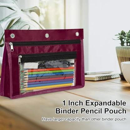 YoeeJob 2 Pack 1 Inch Expandable Zipper Pencil Pouches with Clear Window for 3 Ring Binder, Suitable for School & Office（Wine-red） - color: Wine-red