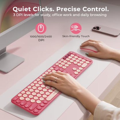 seenda Wireless Bluetooth Keyboard Mouse Combo, COE202 Retro Cute Round Keyboard, Silent Mouse, 3 Multi-Device Connection, Full Size Compatible for PC/Laptop/Mac/MacBook/iPad/Tablet, Pink - color: Pink