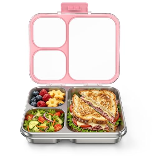 HOMEKOL Stainless Steel Bento Lunch Box 3-Compartment, 4.2Cups, Pink | Leak-Proof Metal Lunch Container for Kids & Adults, BPA-Free, Dishwasher Safe, Clear Tritan Lid, 1000ml (Not Insulated) - color: Pink, size: 34oz (1000ml)