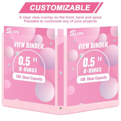 SUIN 1/2-Inch 3 Ring Binders with 2 Interior Pockets, Basic 0.5'' Binders Holds 100 Sheets Letter Size, Office School Home, 6 Pack - color: Pink