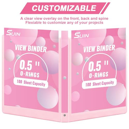 SUIN 1/2-Inch 3 Ring Binders with 2 Interior Pockets, Basic 0.5'' Binders Holds 100 Sheets Letter Size, Office School Home, 6 Pack - color: Pink