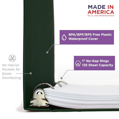 Carstens 1-Inch Heavy Duty 3-Ring Binder - Side Opening, Forest Green, Durable Plastic, Precision No-Gap Rings, Waterproof Cover, No Pockets, Holds 125 Letter Sheets, BPA-Free, Made in USA (8709-3R) - color: Hunter Green, size: Individual