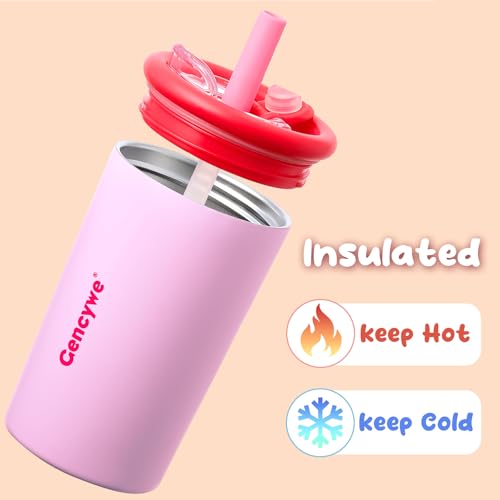 Gencywe Kids Stainless Steel Cups with Straws and lids | 12 oz Spill-Proof Sippy Smoothie Tumbler Set, Small Kids Snack & Drink Water Cups, BPA-Free, Dishwasher Safe, with Box (Age: 3+ years old & up) - color: Pink