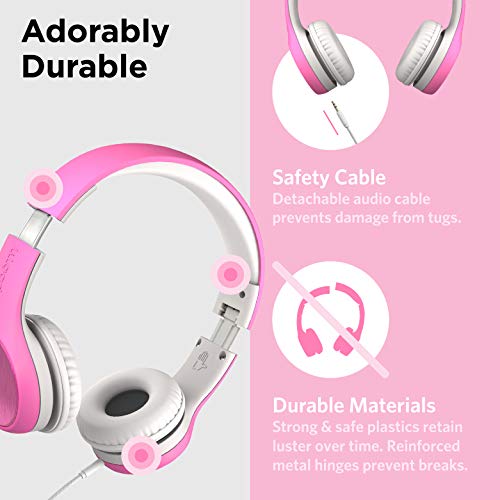 LilGadgets Connect+ Style On-Ear Kids Headphones with Microphone - SharePort Technology, SoftTouch Padding, Detachable Cable, Volume Limiting, Durable & Adjustable - Pink - color: Pink
