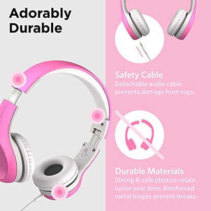 LilGadgets Connect+ Style On-Ear Kids Headphones with Microphone - SharePort Technology, SoftTouch Padding, Detachable Cable, Volume Limiting, Durable & Adjustable - Pink - color: Pink