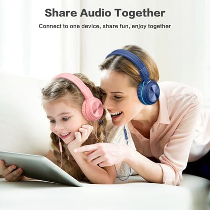 SIMOLIO Stereo Wired Headphones Teens Adults Kids Youths w/Mic & Volume Control & Volume Limited & Share Port & Portable Pouch, Safe Volume Durable Headset for Online School Gaming PC Laptop Travel