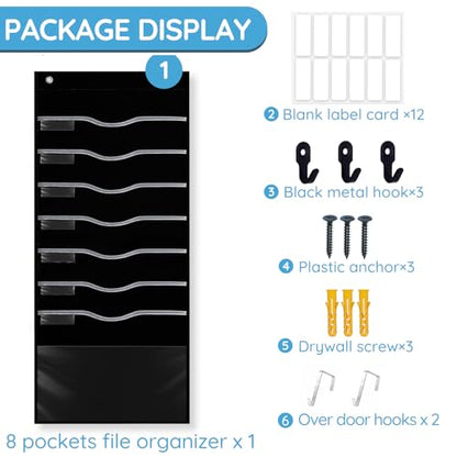 ALSLEA Hanging File Organizer 8 Pockets 15¾”W Legal/ Letter Size Paper Organizer, Pocket Chart for Classroom , Mail Organizer Wall Mounted, Over the Door Organizer with 12 Nameplate, 5 Hooks (Black) - size: 8 Pockets Black