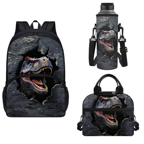 Horeset 3 Piece Dinosaur Print Backpack for Kids Bookbag with Water Carrier Pouch Lunch Box Bag, Children's Rucksack Case Bag with Side Mesh Pocket - color: Dinosaur