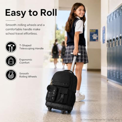 KLFVB Rolling School Backpack for Girls, 3PCS Roller Bookbag with Lunch Bag for Kids, Wheeled Bag for Teen - Black Ribbon Bow - color: Black Ribbon Bow Rolling Backpack