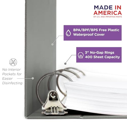 Carstens 3-Inch Heavy Duty 3-Ring Binder - Side Opening, Ash Gray, Durable Plastic, Precision No-Gap Rings, Waterproof Cover, No Pockets, Holds 400 US Letter Sheets, BPA-Free, Made in USA (1742-3R) - color: Gray, size: Individual