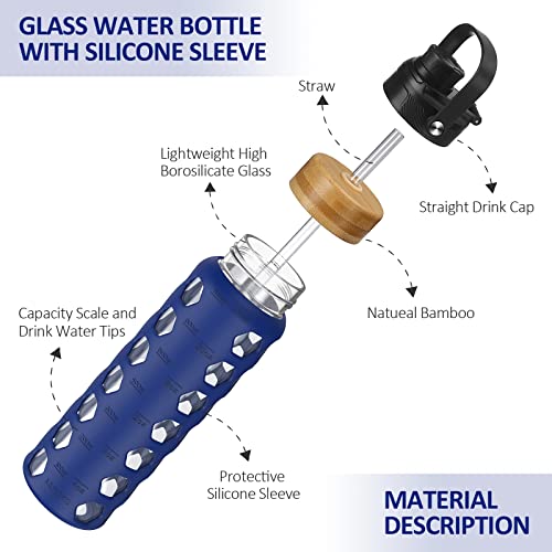 MUKOKO 24oz Glass Water Bottle, Blue | Glass Tumbler with Straw, Drinking Bottles with 2 Lids-Handle Spout Lid & Bamboo Straw Lid, Silicone Sleeve, 1 Pack - color: Bule, size: 24 Ounces