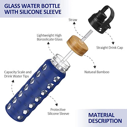 MUKOKO 24oz Glass Water Bottle, Blue | Glass Tumbler with Straw, Drinking Bottles with 2 Lids-Handle Spout Lid & Bamboo Straw Lid, Silicone Sleeve, 1 Pack - color: Bule, size: 24 Ounces