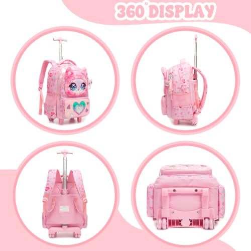 Girls Rolling Backpack for Kids with Wheels,Cute 3D Kids Rolling Backpack for School,Lightweight Kids Luggage for 6-8,Large Capacity BookBag with Wheels & Telescopic Handle - color: 3d Plush Cute Pink