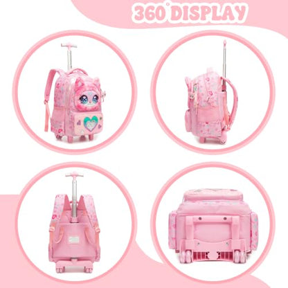 Girls Rolling Backpack for Kids with Wheels,Cute 3D Kids Rolling Backpack for School,Lightweight Kids Luggage for 6-8,Large Capacity BookBag with Wheels & Telescopic Handle - color: 3d Plush Cute Pink