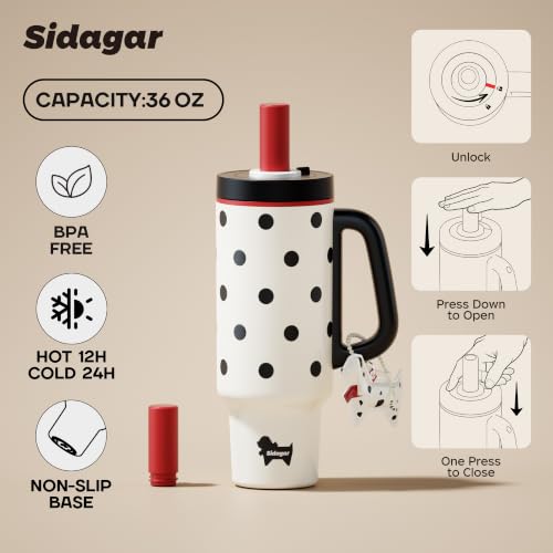36oz Insulated Tumbler with Handle, Stainless Steel Water Bottle, Leak-Resistant Travel Coffee Mug with Push Button Lid, Cup Holder Friendly for Tea & Daily Use, White - color: Retro Polka Red