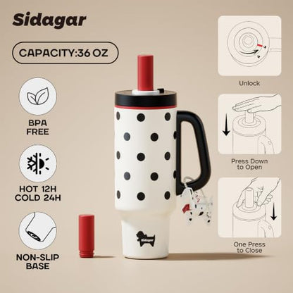 36oz Insulated Tumbler with Handle, Stainless Steel Water Bottle, Leak-Resistant Travel Coffee Mug with Push Button Lid, Cup Holder Friendly for Tea & Daily Use, White - color: Retro Polka Red