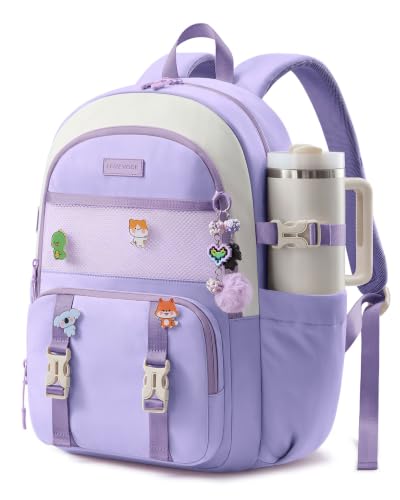 LOVEVOOK Cute School Backpack for Girls Ages 8-14, Lightweight Bookbag with Cartoon Charms & Pins, Back to School Backpack for Elementary & Middle School, Fits 15.6 Inch Laptop and 40oz Tumbler - color: Off-white & Purple, size: 15.6 Inch