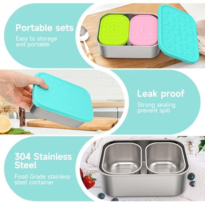 SOPHICO Stainless Steel 24 OZ Snack Containers for Kids，Food Storage Container with Silicone Lid - Perfect 304 Metal Toddler Lunch Box for Daycare and School, Leak Proof(Mint) - color: 24oz+8oz*2（Mint）
