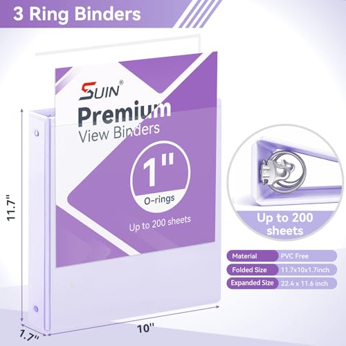 SUIN 1 Inch 3 Ring Binder, Clear 1'' View Presentation Binders with 2 Pockets, Fits 8.5 x 11 Letter Size, Durable Polypropylene, Non-Stick & PVC-Free for School, Office & Home (Pastel Purple) - color: Pastel Purple